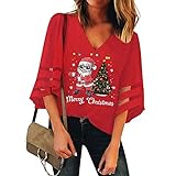 Lulupi Damen Weihnachtsshirt V-Ausschnitt Christmas Pullover Weihnachten Shirt Blusen Lustig Weihnachtsmann Langarmshirt Weihnachtspullover